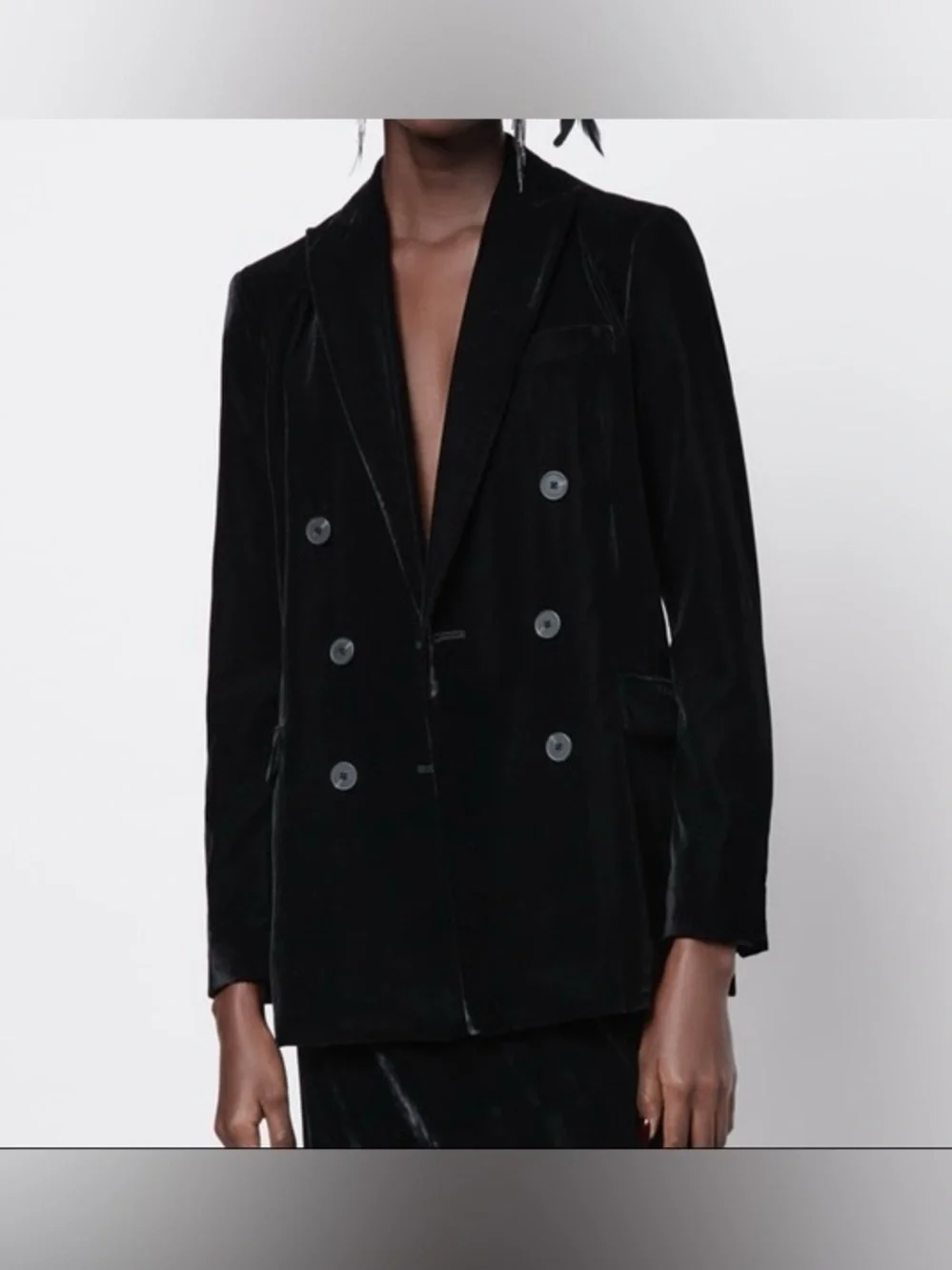 Zara Double-Breasted Velvet Blazer Black Sz Small